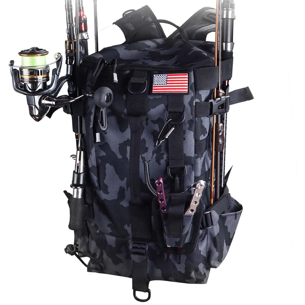 MoiShow Mochila de Pesca Bolsa de Aparejos con Soportes para Cañas y Gran Almacenamiento Mochila Caja de Aparejos Bolsa para Cañas para Llevar Equipo y Accesorios de Pesca