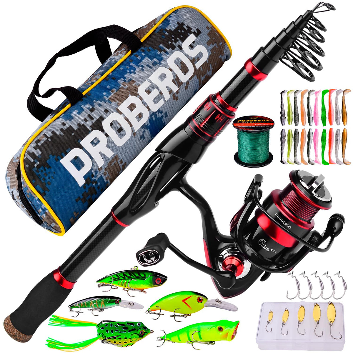 Combo de Caña y Carrete de Pesca - Combos de Cañas y Carretes - Caña de Pescar Telescópica de Fibra de Carbono de 1.8M/5.9FT con Combo de Carrete Giratorio 2000 - Kit de Cañas de Pesca para Lubina en Agua Dulce