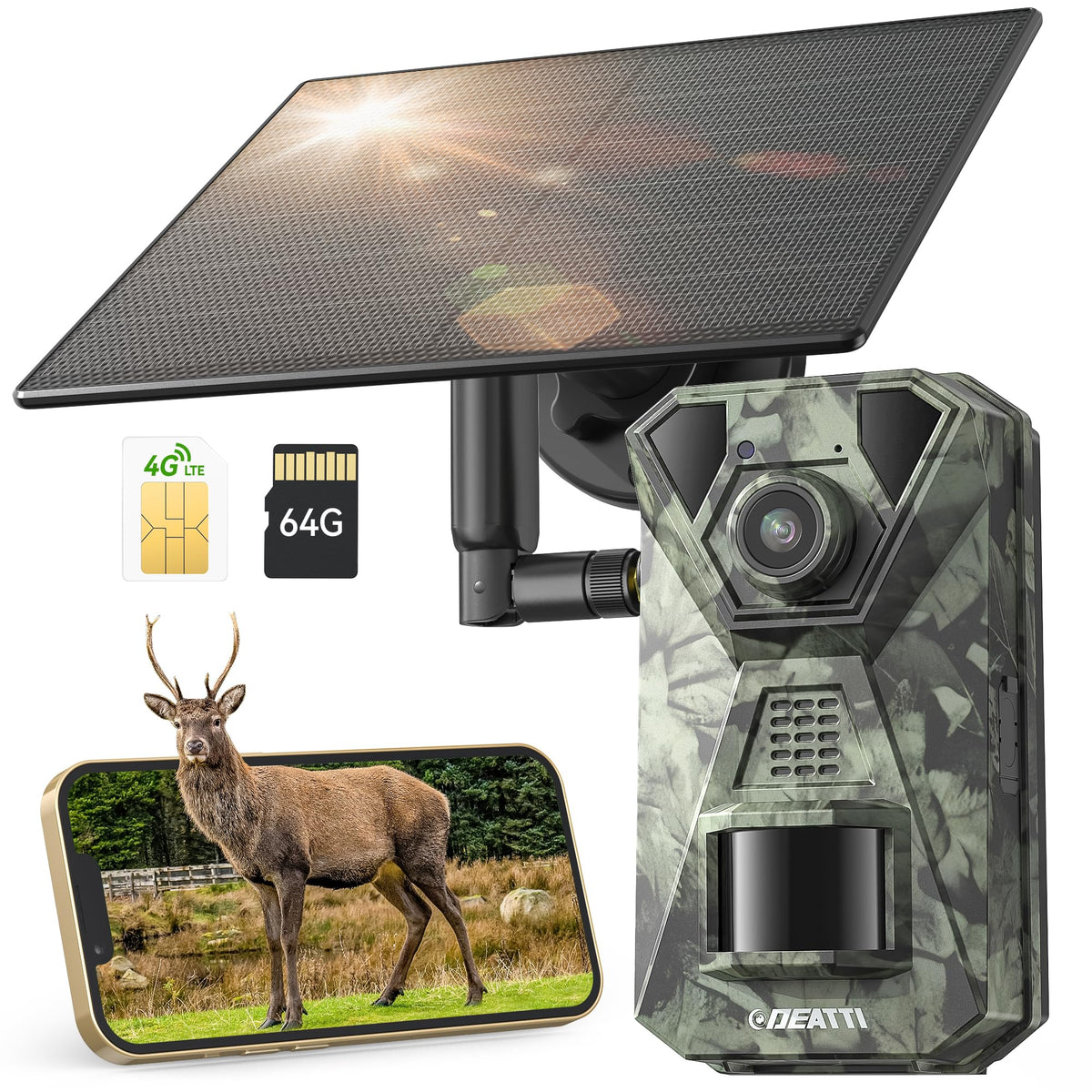 DEATTI 4G LTE Cellular Trail Cameras with 6GB SD Card2.7K HD Solar Game Cameras with Night Vision Motion Activated Waterproof for Wildlife Deer Monitoring 0.1s Trigger Time(with SIM Card)